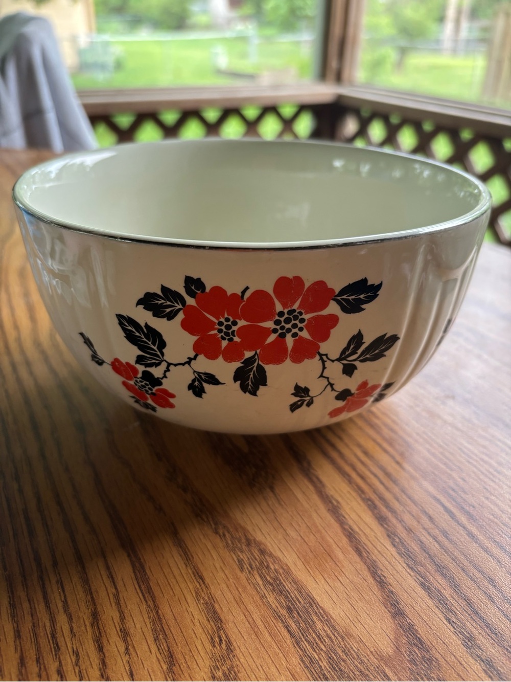 Cream Mixing Bowl with Red Floral Pattern
